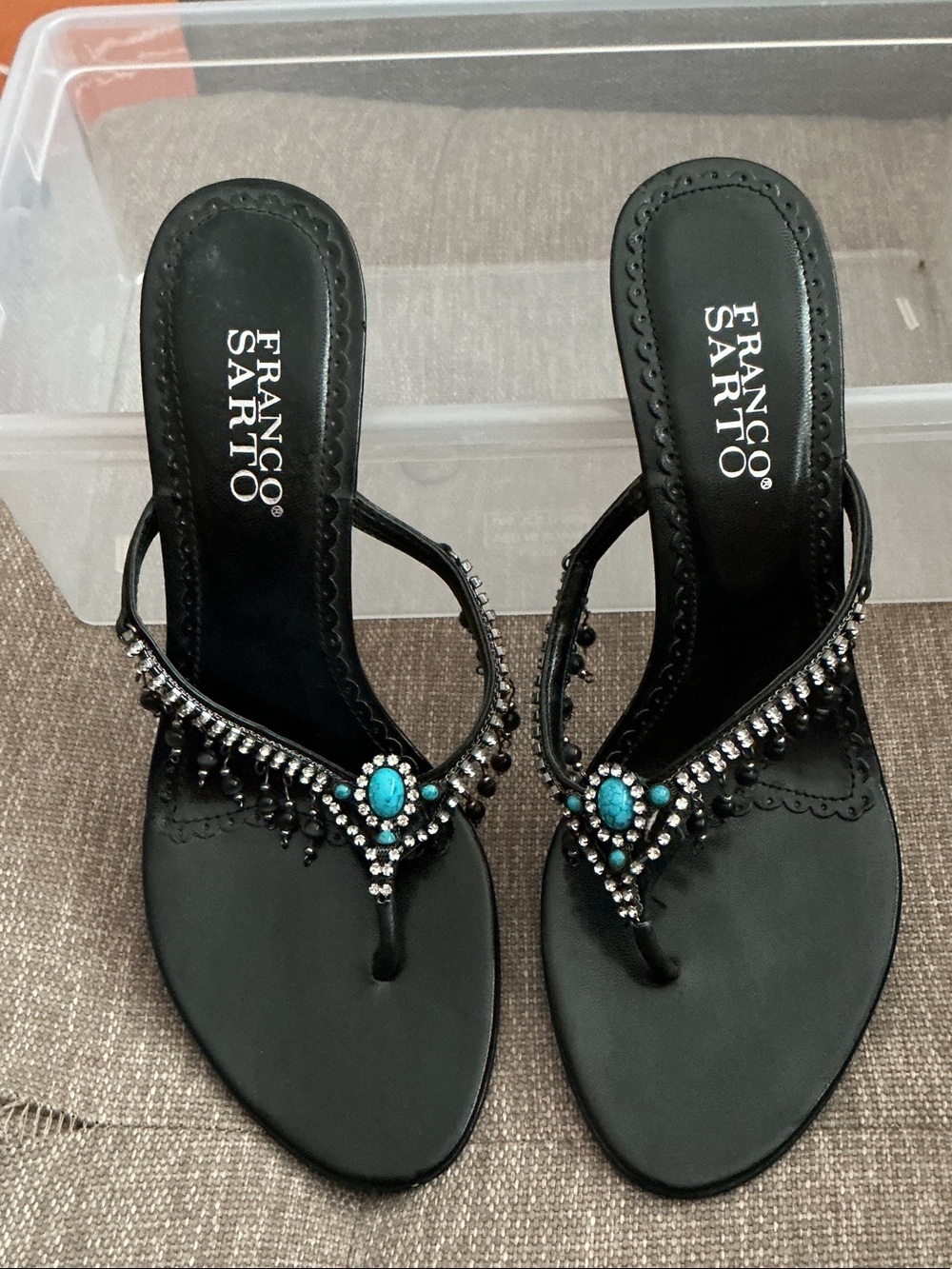 Franco Sarto Black Beaded Thong Sandals with Turquoise Gem